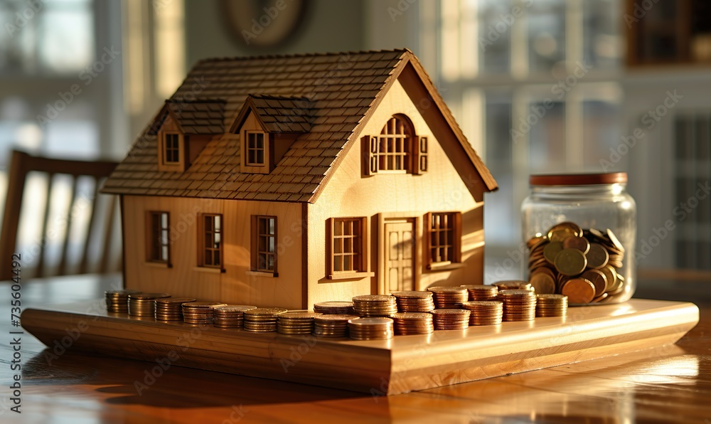 A detailed miniature house model next to a coin holder filled with coins of various denominations symbolizes financial resources and savings - obrazy, fototapety, plakaty 