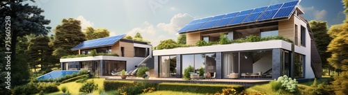 housing ideas with solar panels on the roof of the house. with a renewable solar cell system. ecology and green energy, green city, save protection world concept