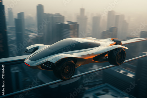 Advertising style concept sci-fi vehicle flying with the city as backdrop - GENERATIVE AI 