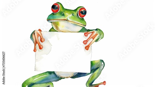 Watercolor illustration of a green frog with blank card, happy leap day, leap year concept