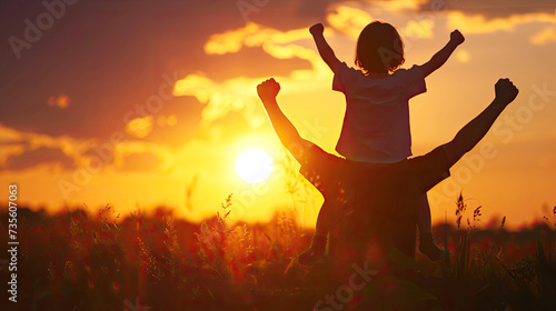 Joyful Dad and Daughter Playing in a Sunset Field, Embracing Family Love and Happiness, they raise their arms imitating strength