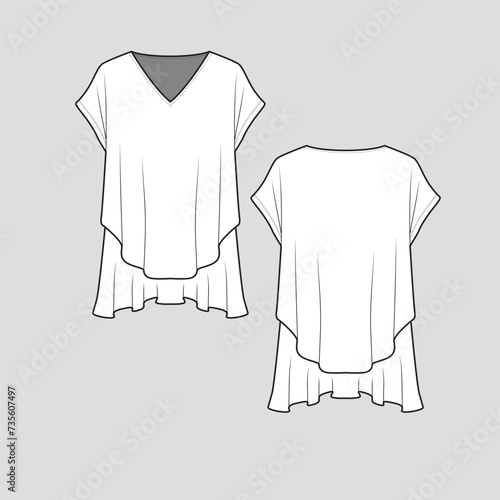 Kimono Sleeve Ruffles Top V Neck Layered Ruffles hem  Fashion Design  blouse Drawing cad Template  flat sketch vector