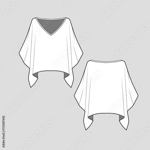 Kimono top asymmetric hem loose fit top V Neck ruffles blouse Fashion flat sketch Template technical Drawing Vector Design