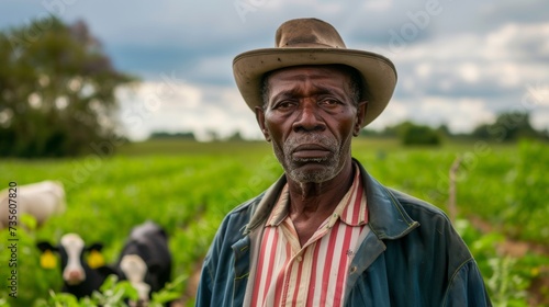 Smiling Farmer Embraced by Abundant Crops and Livestock AI Generated.