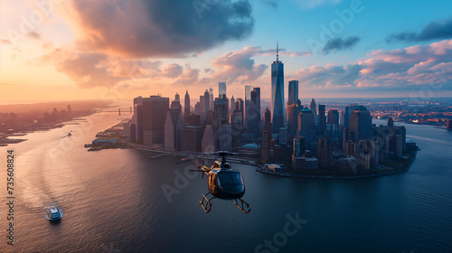 Skyline Soar: Aerial Helicopter View of Vibrant New York City Bathed in Daylight © Phrygian