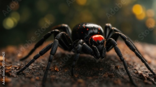A black spider with red eyes. Generative AI. © serg3d