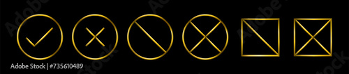 Check boxes icon set, golden metallic thin 3d lines vector illustration collection.