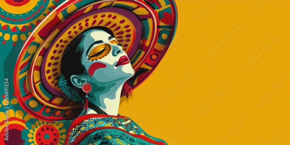 Mexican woman in colorful traditional national costume. Hispanic heritage month, mexican festival background