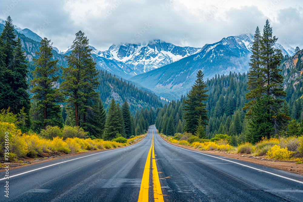 Empty asphalt road through mountainous forested trees landscape, background Empty asphalt road through mountainous forested trees landscape, background