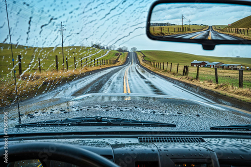 Driving through rain on rural country road, view through windshield from car interior dashboard