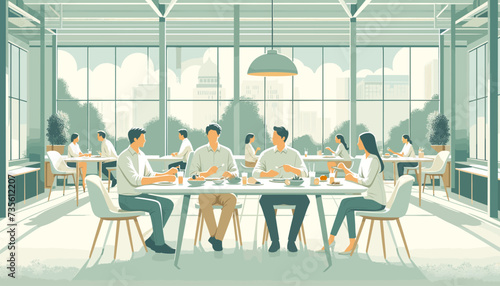 Concept of a lunch meeting in an office cafeteria.  Vector illustration.