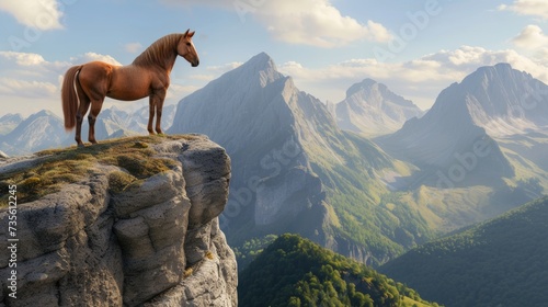 Majestic Horse on Cliff Edge Gazing at Mountain Range AI Generated. © AnimalAI