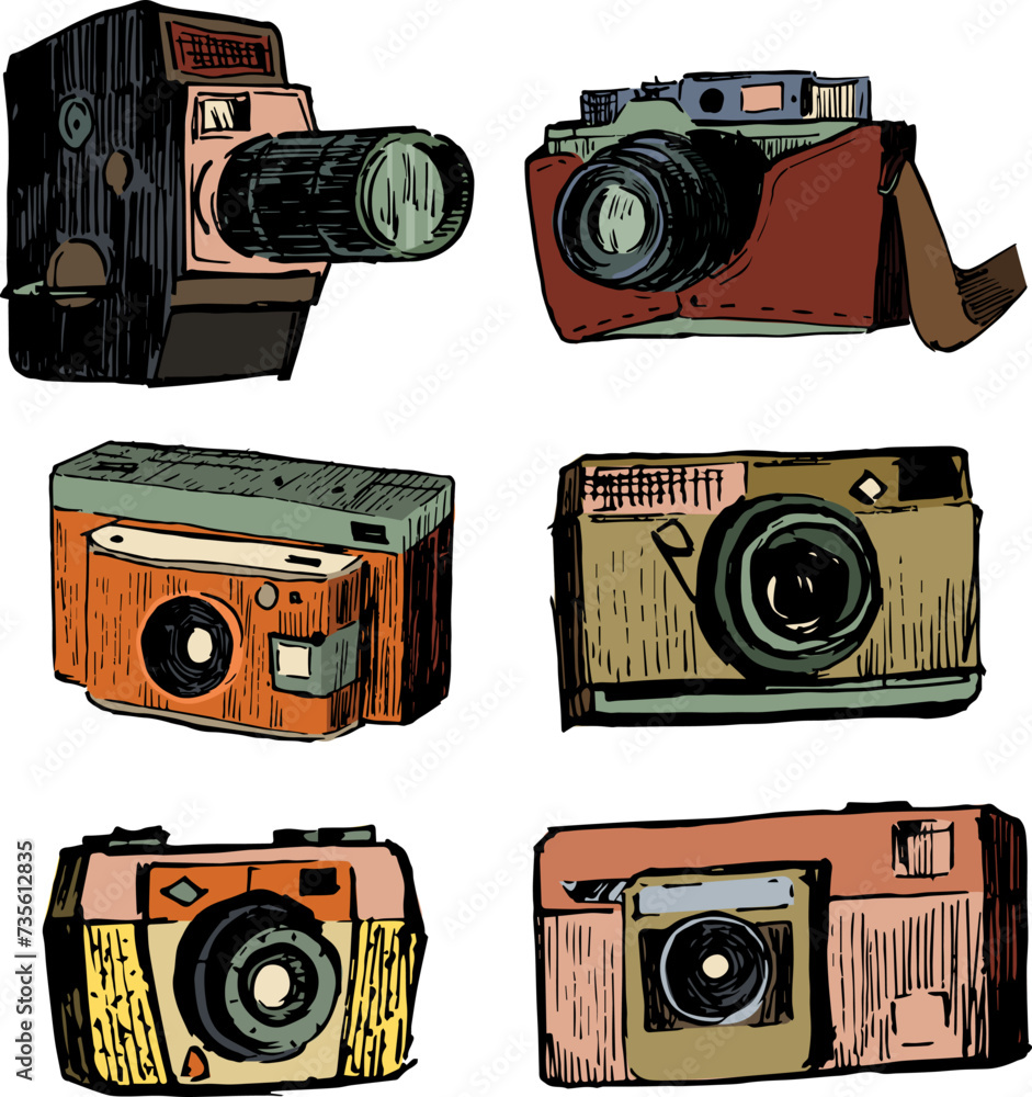 Set of camera drawings with color. Vintage cameras and lens. Isolated ...