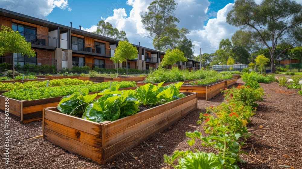A serene retirement retreat with a community garden filled with raised beds providing a sense of purpose and connection for seniors as they cultivate their own little slice