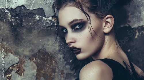Moody Fashion Portrait of Model with Dramatic Makeup on Grungy Wall AI Generated.
