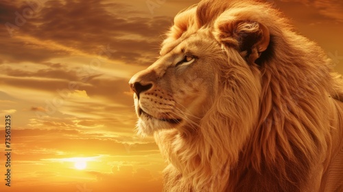 Majestic Lion in Dramatic Sunset Light AI Generated.