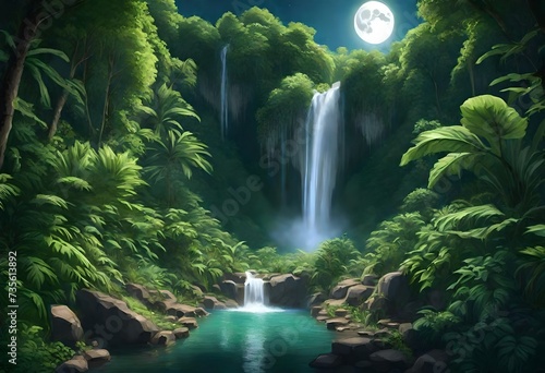 Waterfall surrounding lush greenery under the moon 