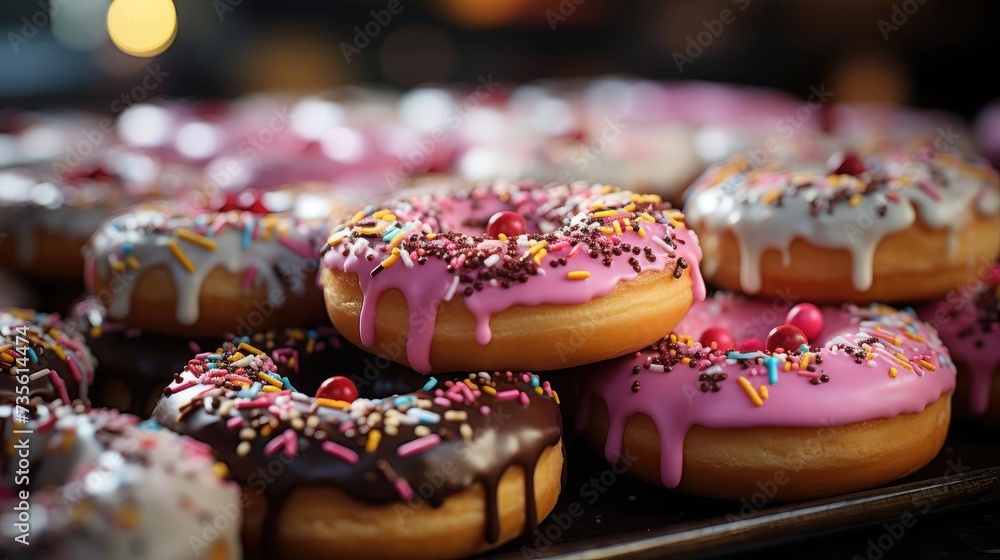 Closeup sweet donuts filled with melted chocolate and sprinkles with a blurred background Closeup sweet donuts filled with melted chocolate and sprinkles with a blurred background