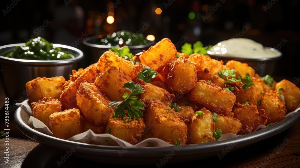 Crispy tater tots with savory salty spices with black and blur background Crispy tater tots with savory salty spices with black and blur background