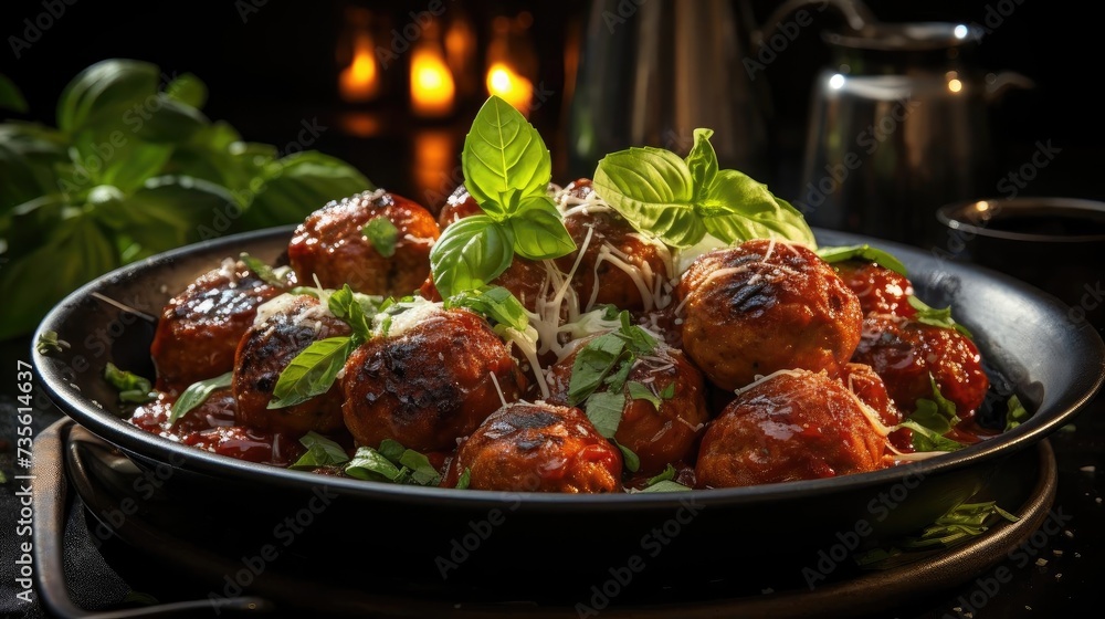 meatballs with melted tomato sauce on a bowl with a black and blur background meatballs with melted tomato sauce on a bowl with a black and blur background