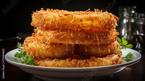 Delicious crispy onion rings, black and blur background