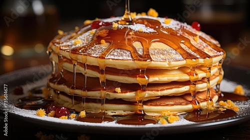 Close-Up of pile of pancakes with melted sweet syrup and fruit toppings with a blurred background