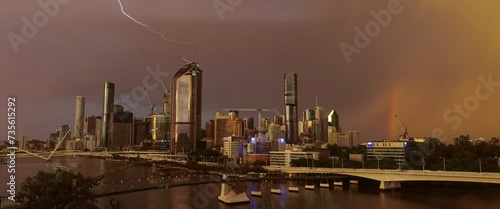 Brisbane during a lightning storm at sunset.