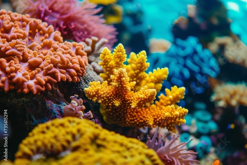 closeup of great barrier reef colorful corals. Generative AI © Zero Zero One