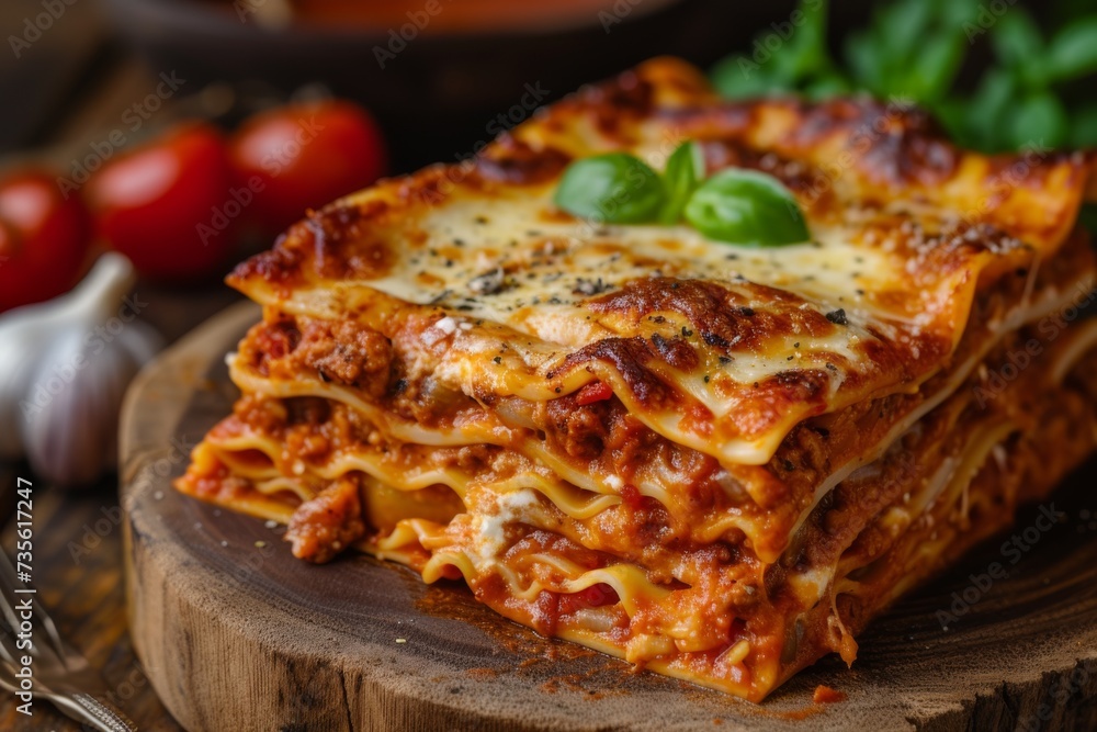 Baked lasagna with a golden brown crust, layers of sauce and pasta are visible. Baked lasagna with a golden brown crust, layers of sauce and pasta are visible.