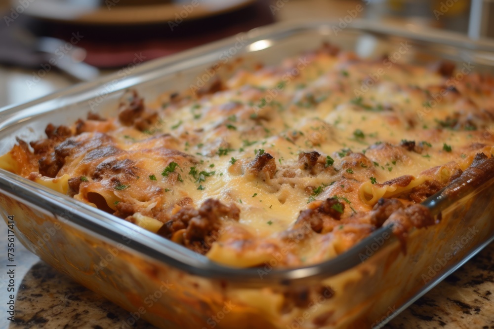 Lasagna in a clear glass baking dish with parsley on a wooden table, perfect for dinner. Lasagna in a clear glass baking dish with parsley on a wooden table, perfect for dinner.