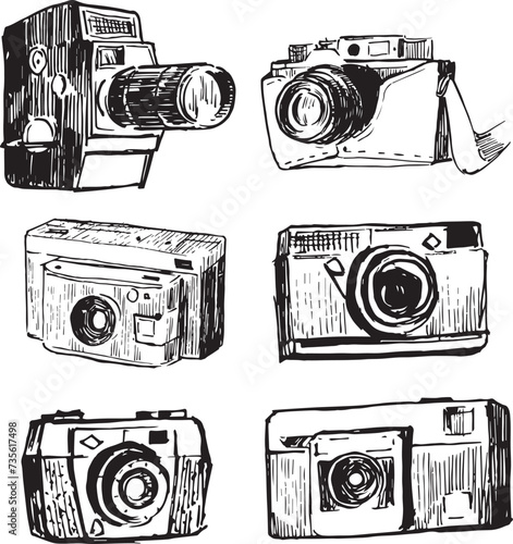 Set of camera sketches. Vintage camera vector isolated drawings. Sketchy style. Black and white illustrations set.