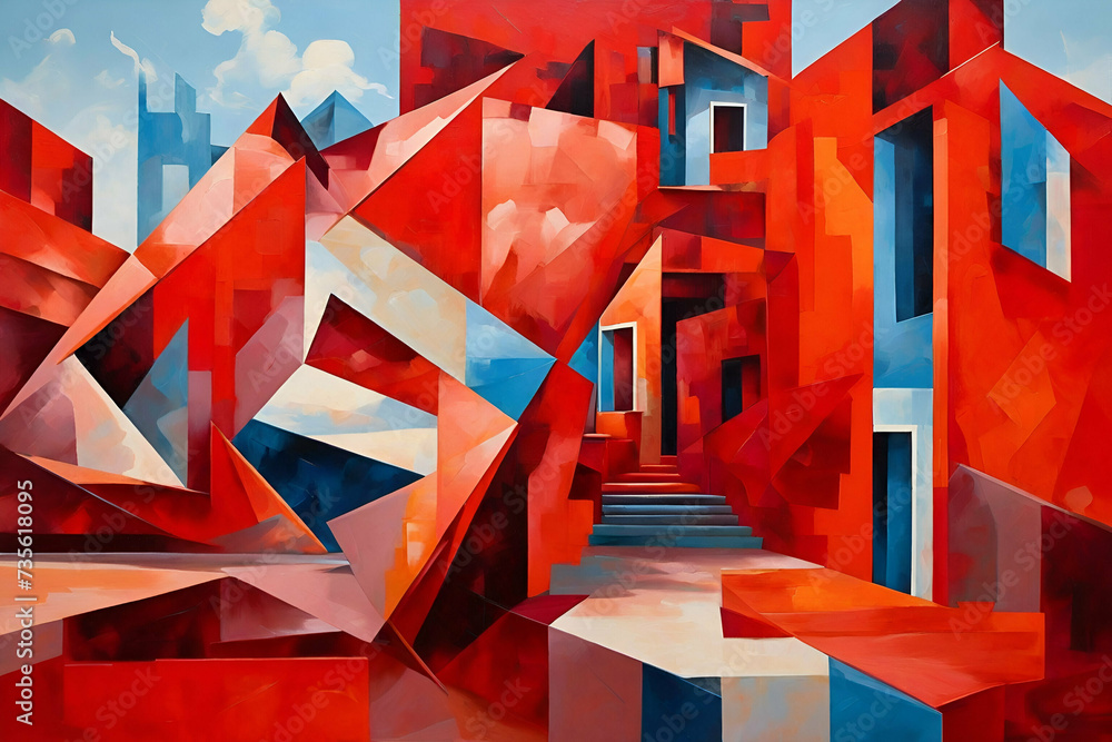 Naklejka premium Abstract cubism art as red building painting