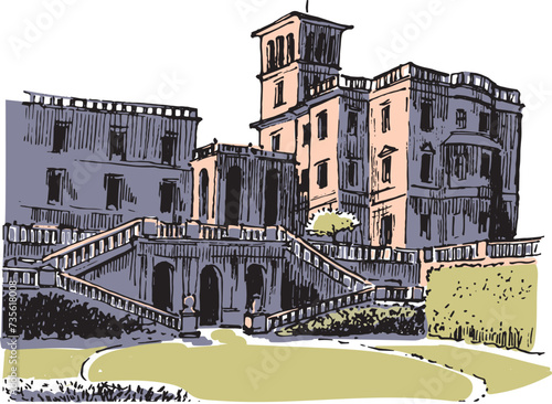 English royal house sketches. Osborne House colored illustration. Pastel color palette. English architecture vector drawing. Isolated illustration.