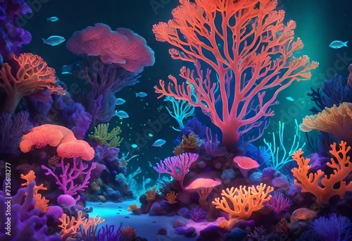 Coral reef illuminated by bioluminescent creatures at night 