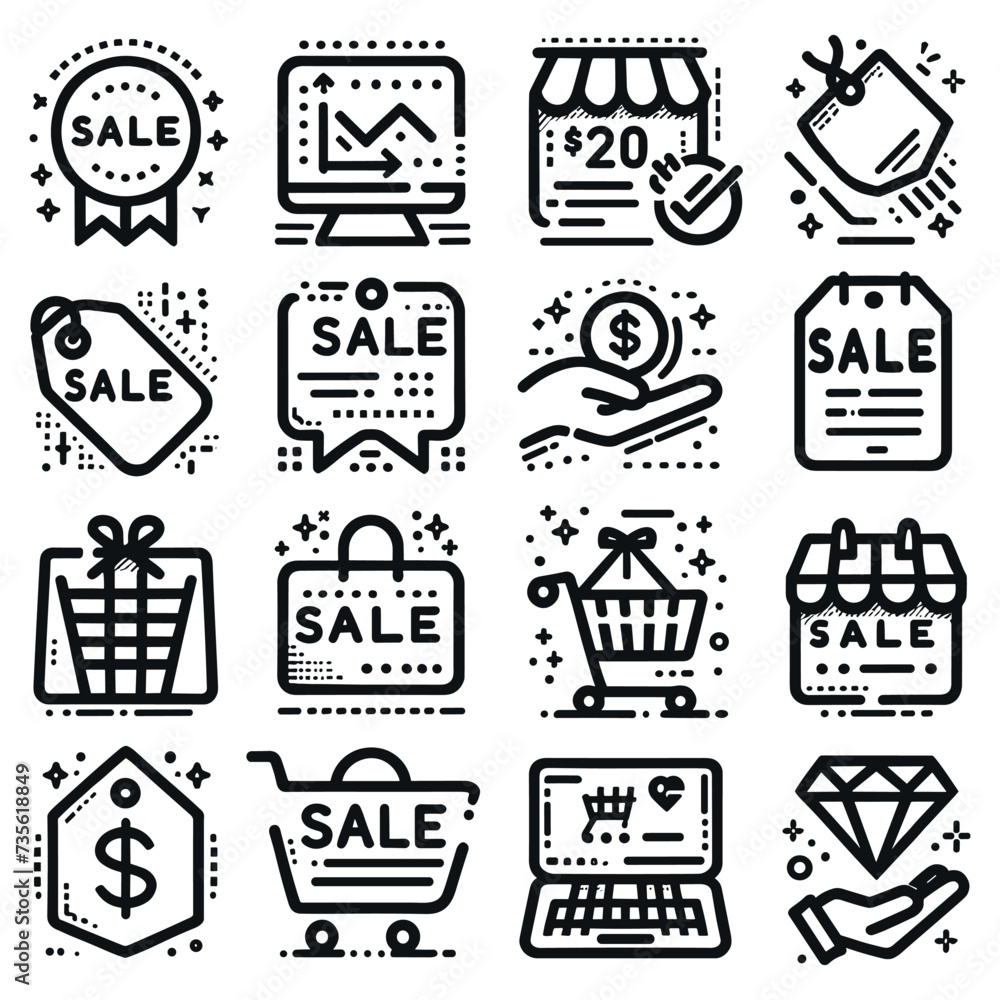Set of sale icon in black outline on white background. Isolated items. Vector illustration. Simple, flat, outline style. Use for promotion and decoration.