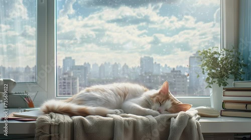 Urban Serenity: Cat Enjoying a Peaceful Nap by the Apartment Window with City View Seamless looping 4k time-lapse virtual video animation background. Generated AI photo