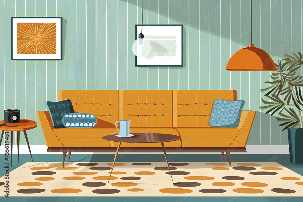 Fototapeta premium mid-century modern interior, highlighting iconic furniture, bold patterns, and a retro color palette. Capture the nostalgic charm of this classic design era