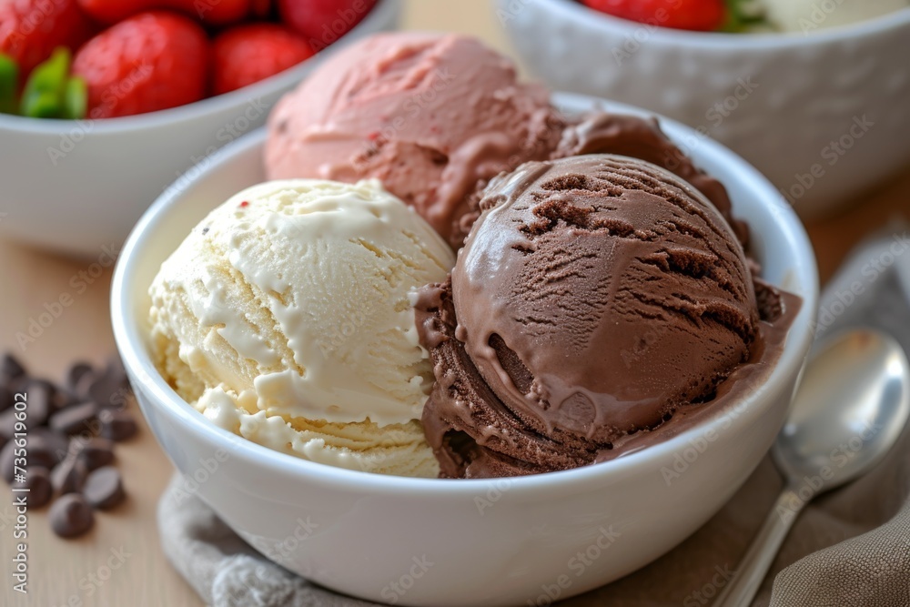 Ice cream in white bowl with berries, red berries background Ice cream in white bowl with berries, red berries background
