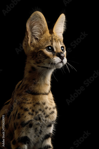 Portrait of stunning Serval Cat isolated on Black Background in studio profile view
