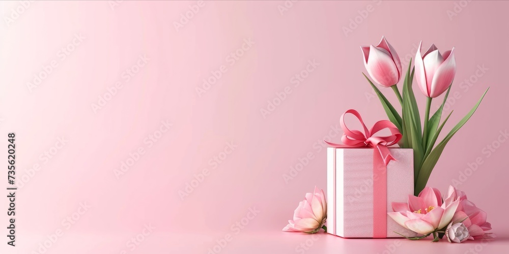 Obraz premium 3D render giftbox and flower banner with copy space. Happy mother day, Birthday party celebration, greeting or invitation card