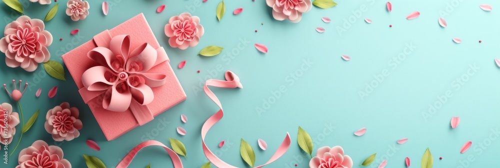 Fototapeta premium 3D render giftbox and flower banner with copy space. Happy mother day, Birthday party celebration, greeting or invitation card
