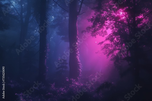night forest with fog background. Fantasy landscape forest at night. nature leaves wallpaper for desktop. Natural landscape background. Synthwave Style Leaf Background. fantasy forest wallpaper.
