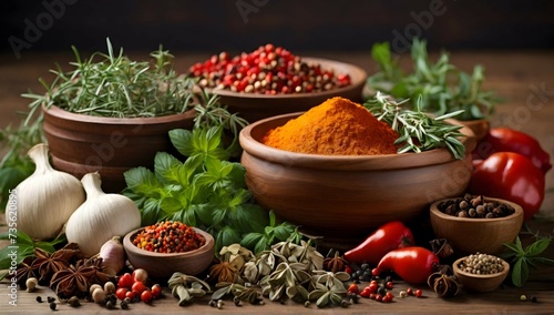 Herbs and spices composition cooking ingredients on a wooden tabletop