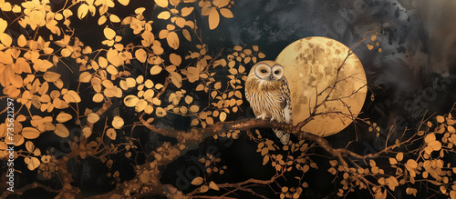 Vintage 17th century Japanese Ukiyo-e style Byobu panel of an owl on a branch in front of the full moon with gold leaf 