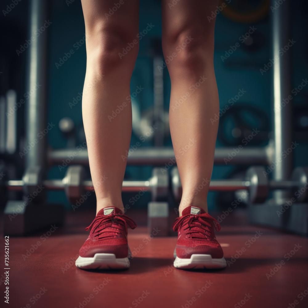 A woman's legs in red sneakers standing on a gym floor. Generative AI. A woman's legs in red sneakers standing on a gym floor. Generative AI.