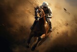 A horse and jockey are racing through dust. Generative AI.