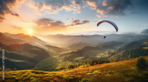Paraglider flying over mountains at sunset. Generative AI.