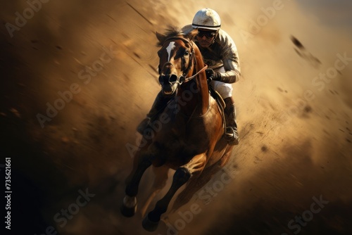 A horse and jockey are racing through dust. Generative AI.