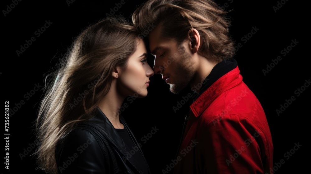 A man and woman in red jackets are looking at each other. Generative AI. A man and woman in red jackets are looking at each other. Generative AI.