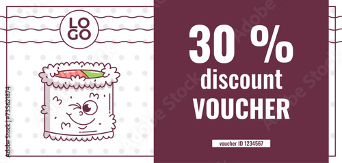 Vintage Japanese food characters Sushi, Roll. Discount voucher. Cartoon design seafood art for bar, restaurant. Retro vector illustration.
